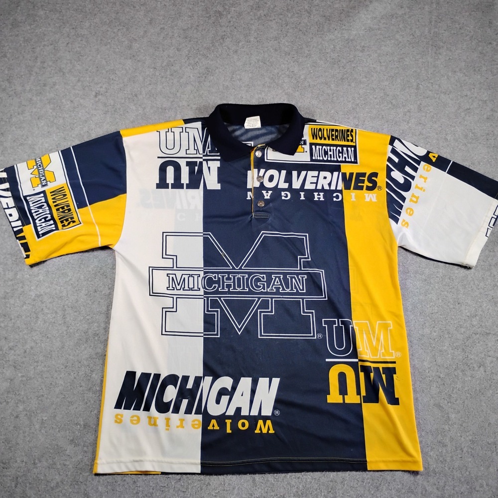 Vintage Gallop Michigan Wolverines AOP Polo Shirt Men XL Made in USA Blue Yellow